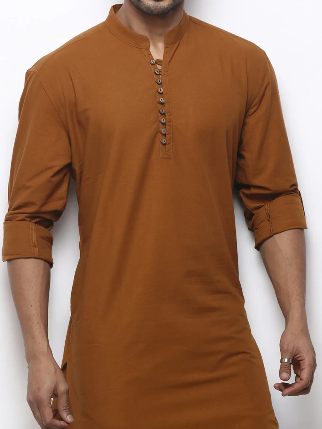 Earthy Brown Men's Kurta Enriched with Minimal Motifs
