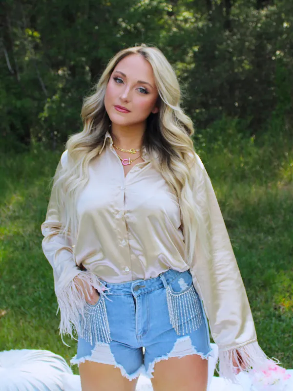 Fabulous Fringe Frayed Denim Shorts with Rhinestone Fringe Pockets, Blue Denim