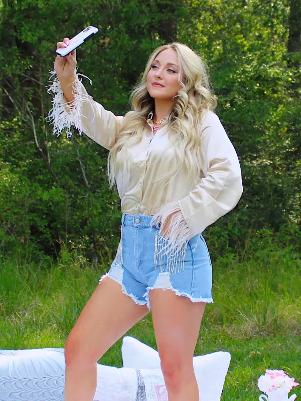 Fabulous Fringe Frayed Denim Shorts with Rhinestone Fringe Pockets, Blue Denim