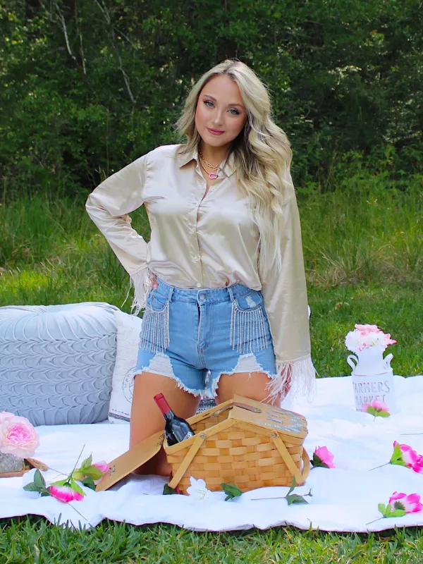 Fabulous Fringe Frayed Denim Shorts with Rhinestone Fringe Pockets, Blue Denim