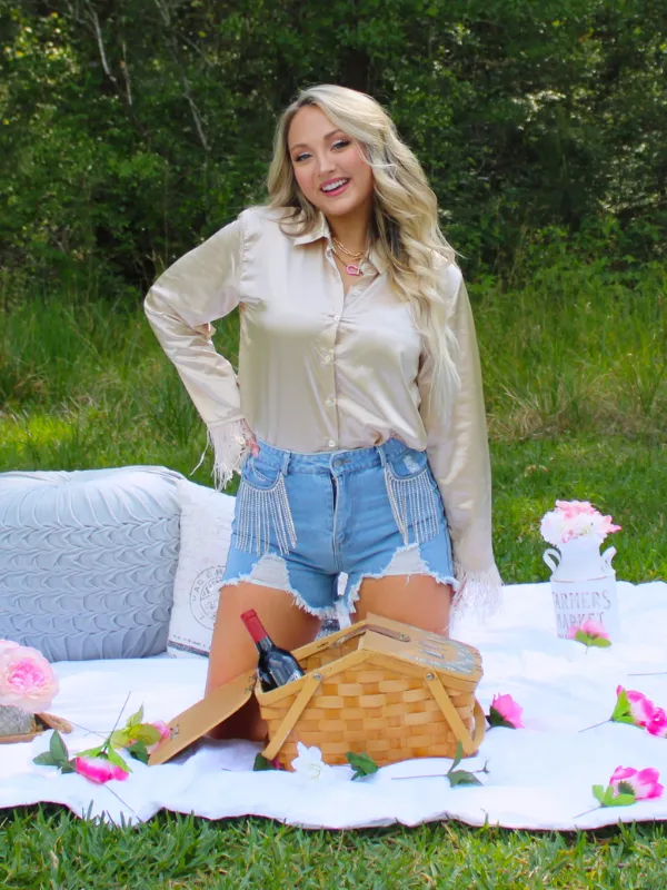 Fabulous Fringe Frayed Denim Shorts with Rhinestone Fringe Pockets, Blue Denim