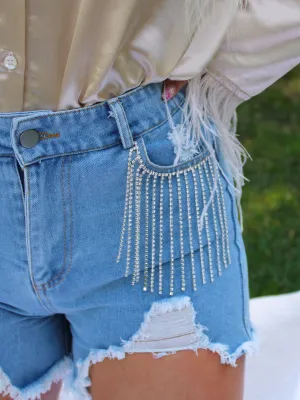 Fabulous Fringe Frayed Denim Shorts with Rhinestone Fringe Pockets, Blue Denim
