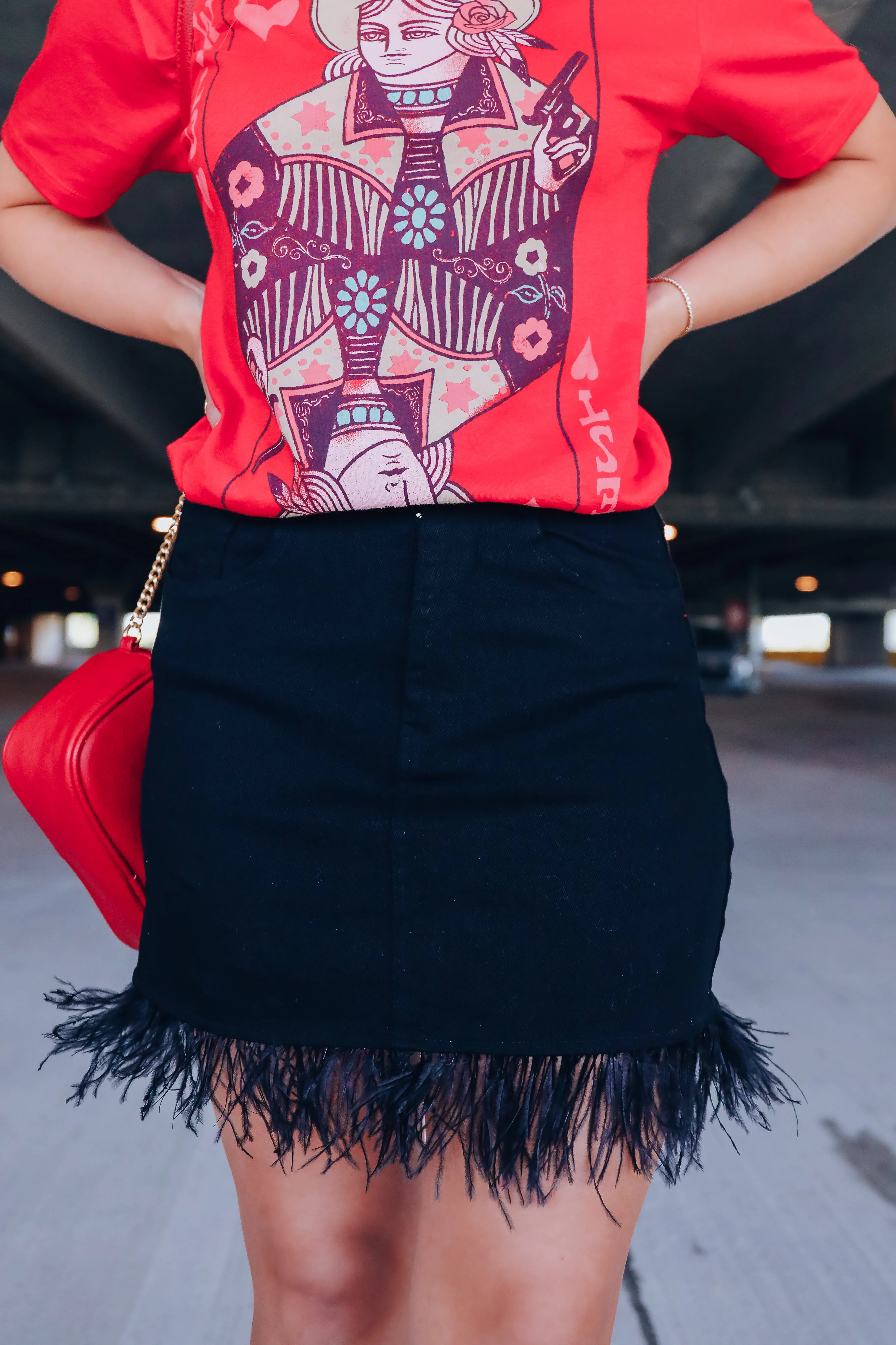 Feather Fringed Denim Skirt - Black