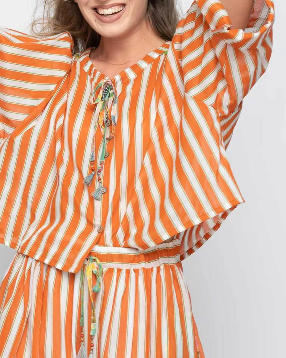Floral Panelled Stripes Tie-Neck Shirt