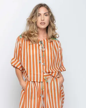 Floral Panelled Stripes Tie-Neck Shirt