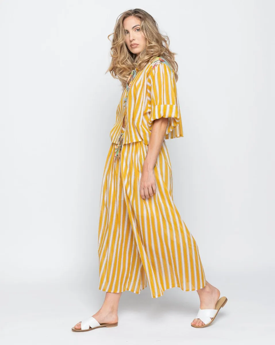 Floral Panelled Stripes Tie-Neck Shirt