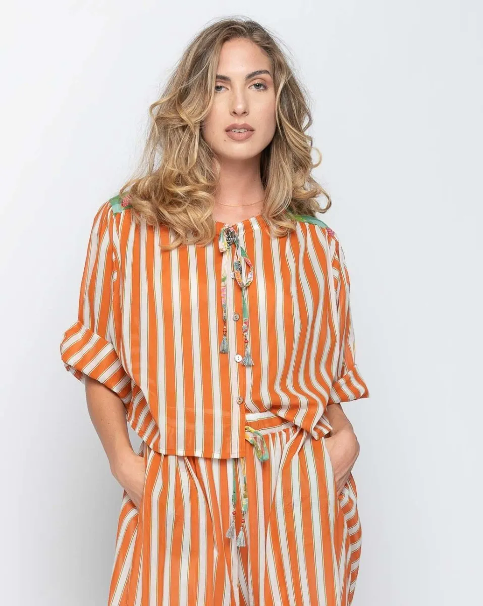 Floral Panelled Stripes Tie-Neck Shirt