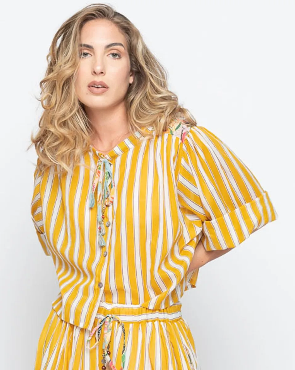 Floral Panelled Stripes Tie-Neck Shirt