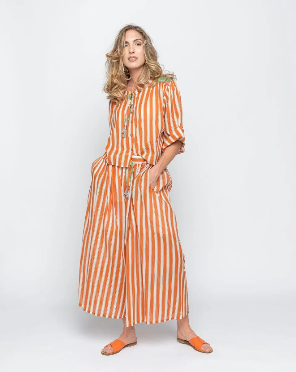 Floral Panelled Stripes Tie-Neck Shirt