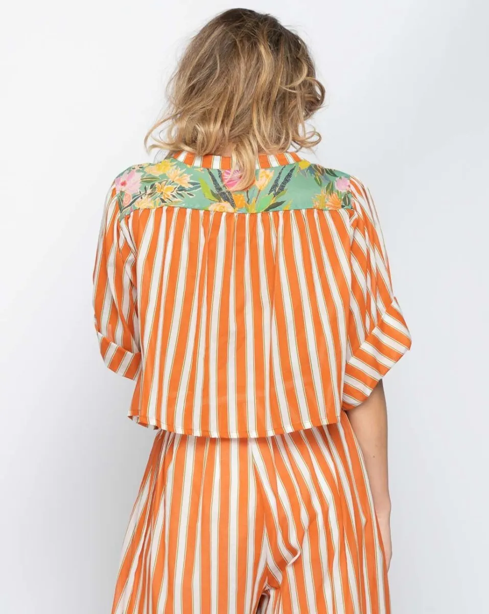 Floral Panelled Stripes Tie-Neck Shirt