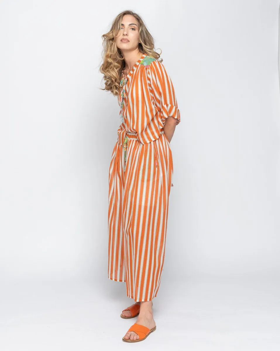 Floral Panelled Stripes Tie-Neck Shirt