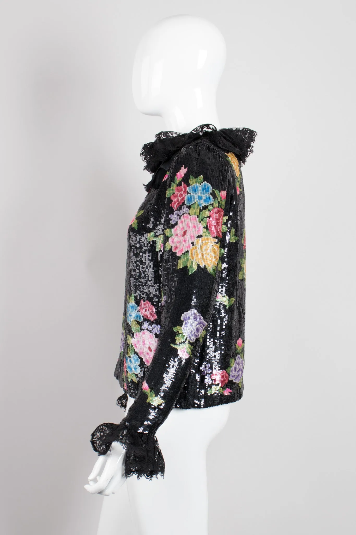 Floral Sequined Needlepoint Ruffle Top