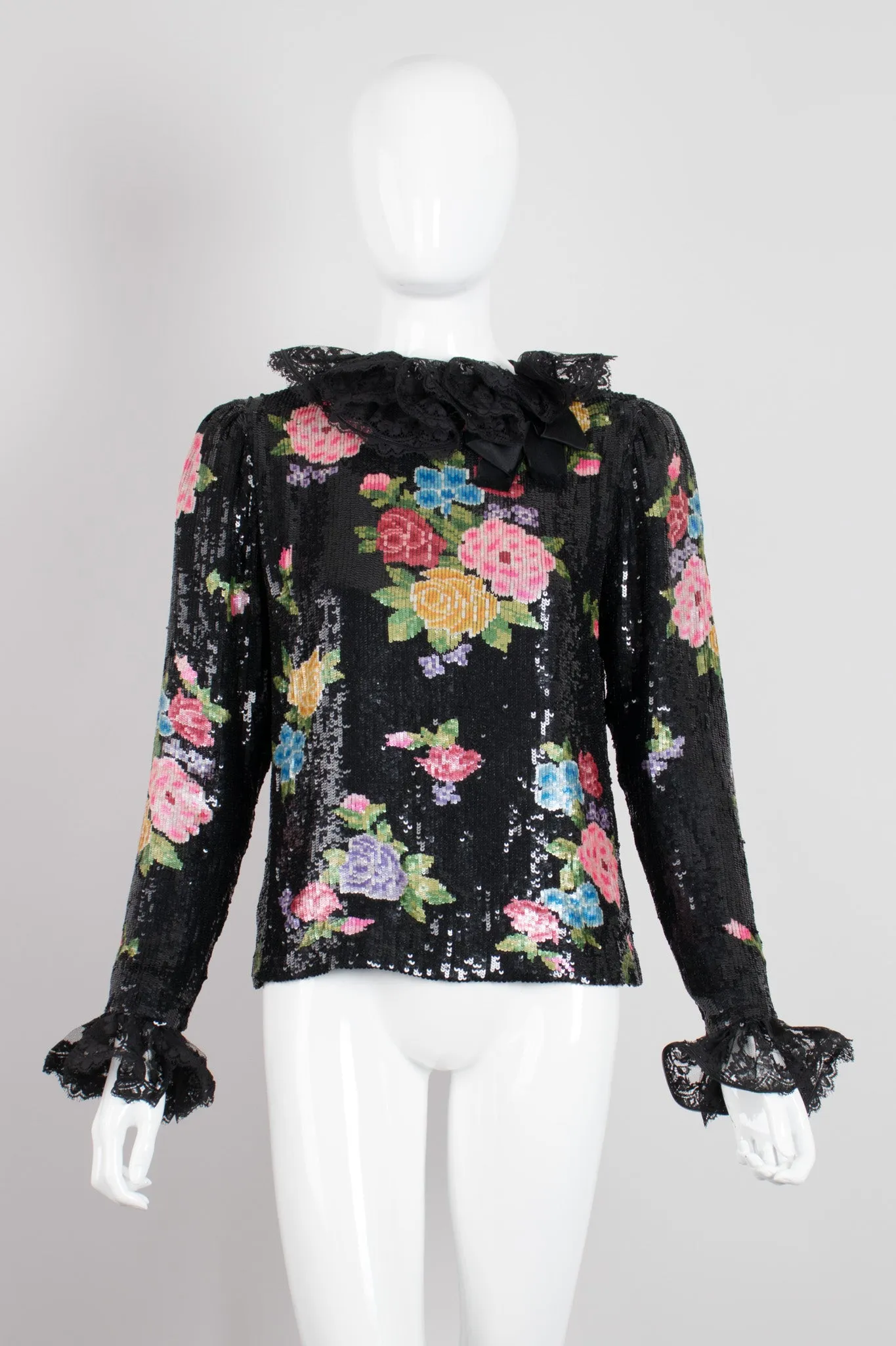 Floral Sequined Needlepoint Ruffle Top