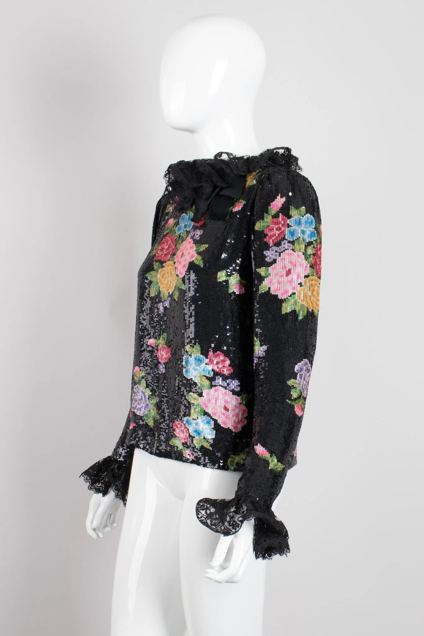 Floral Sequined Needlepoint Ruffle Top