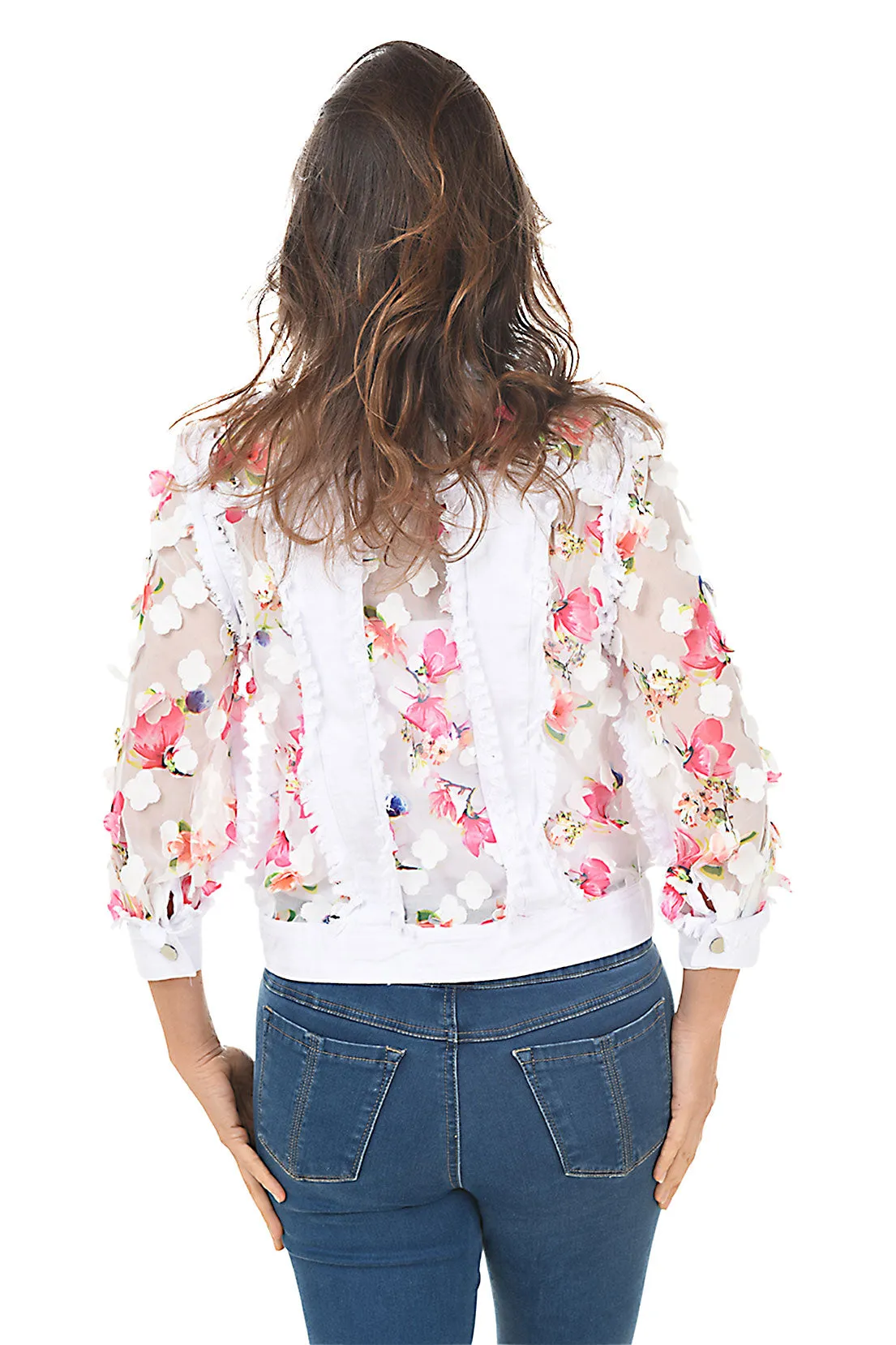 Flower Petal Sheer Distressed Denim Jacket