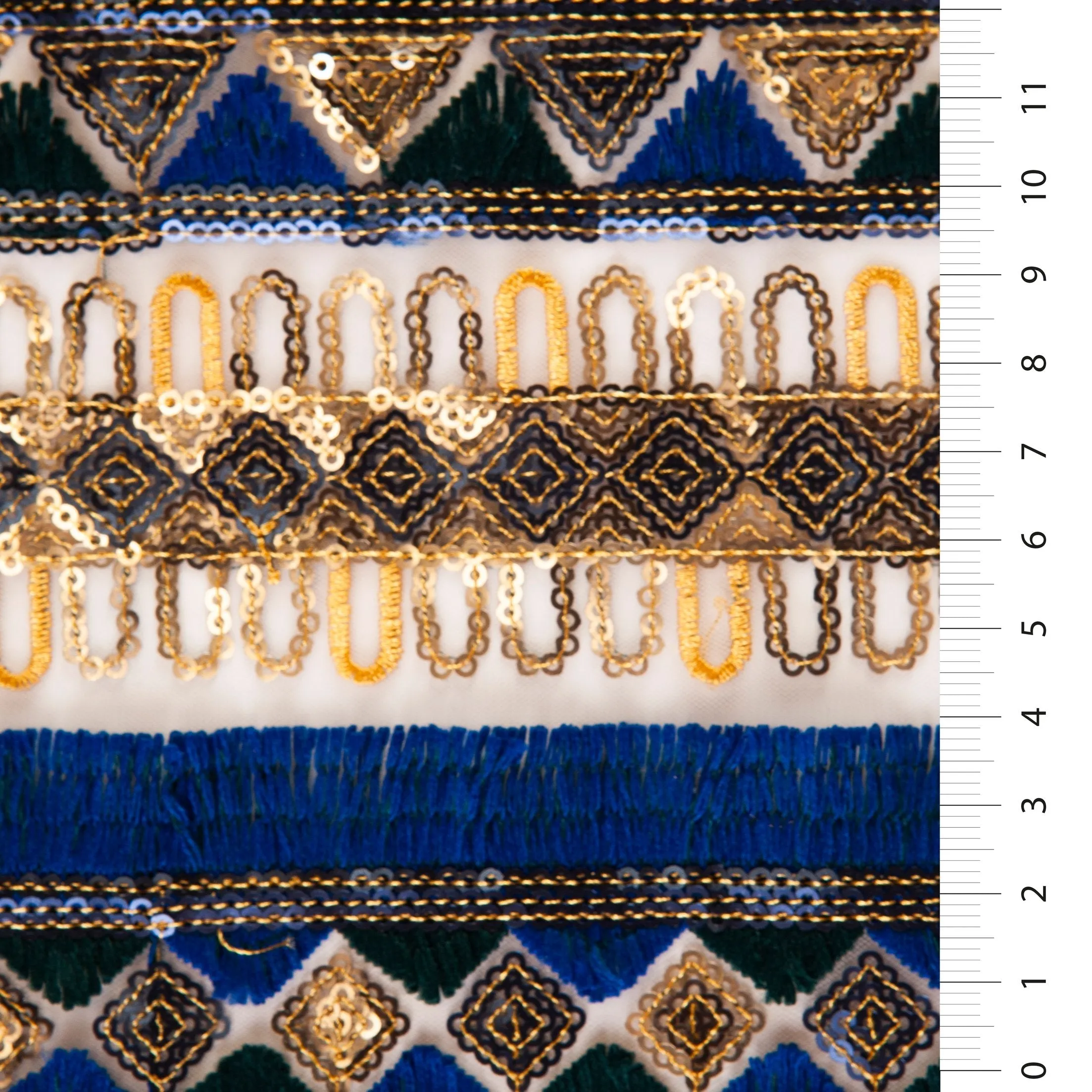 Fringed Striped Ethnic Design Sequin Embroidery Fabric