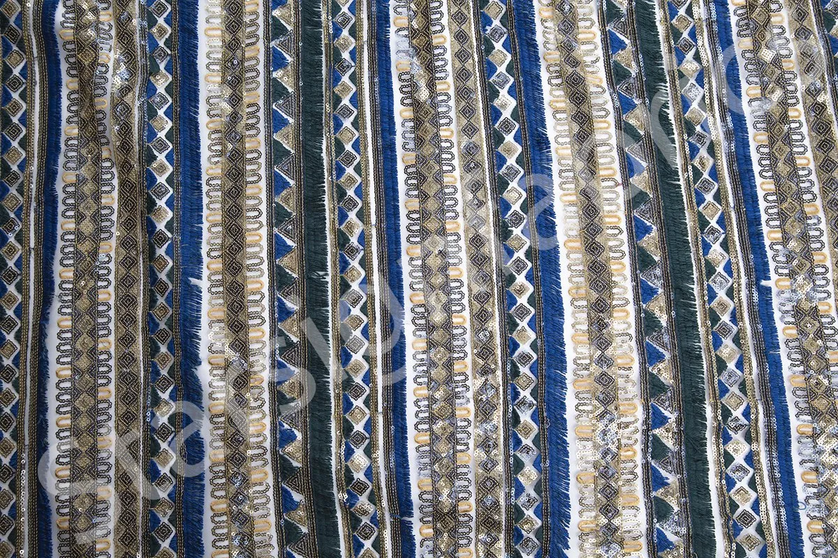 Fringed Striped Ethnic Design Sequin Embroidery Fabric