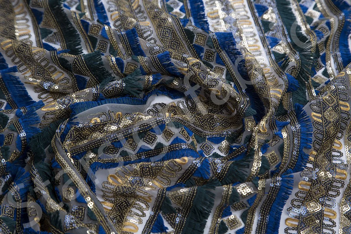 Fringed Striped Ethnic Design Sequin Embroidery Fabric