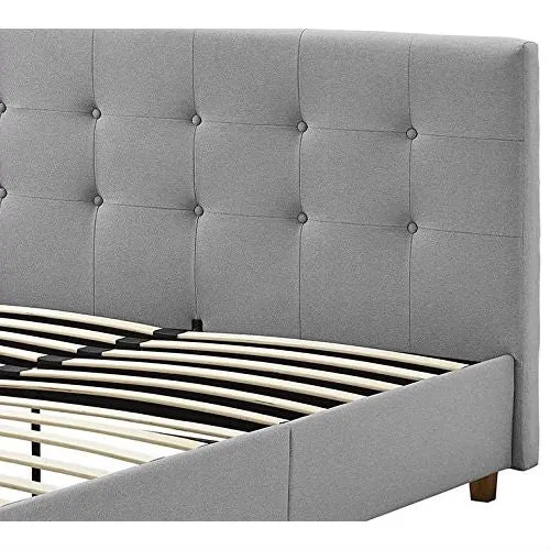 Full size Grey Linen Upholstered Platform Bed with Button-Tufted Headboard