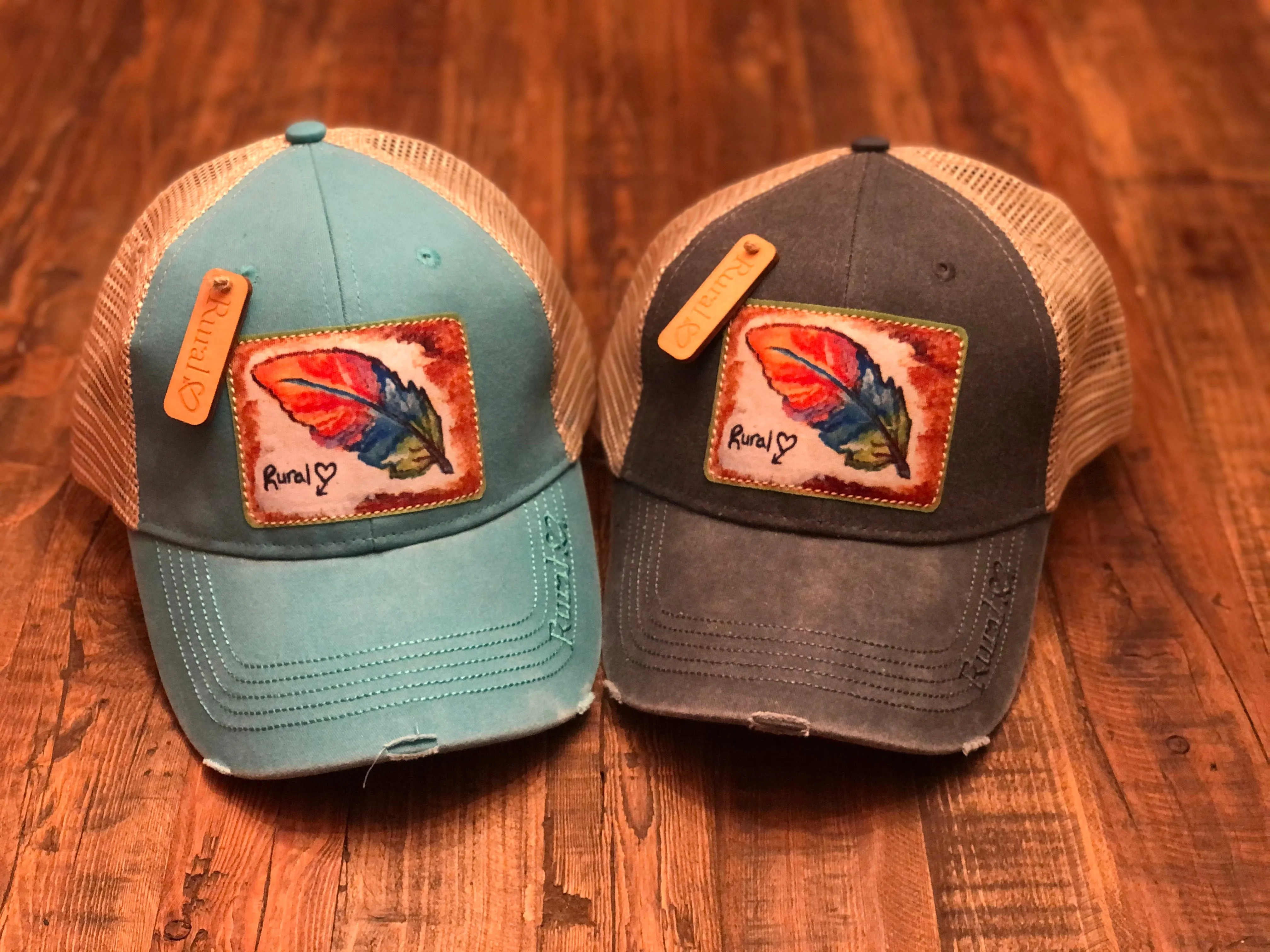 “Fun Feather” Rural Heart ball cap in Denim or Teal Hat w/ Velcro closure