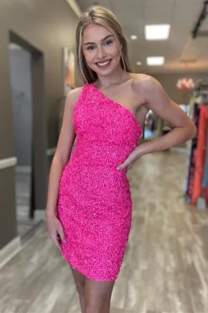 Glitter One Shoulder Hot Pink Tight Short Prom Dress Homecoming Dress HD0167