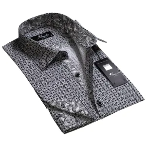 Grey with White Black Paisley Mens Slim Fit French Cuff Shirts with Cufflink Holes - Casual and Formal