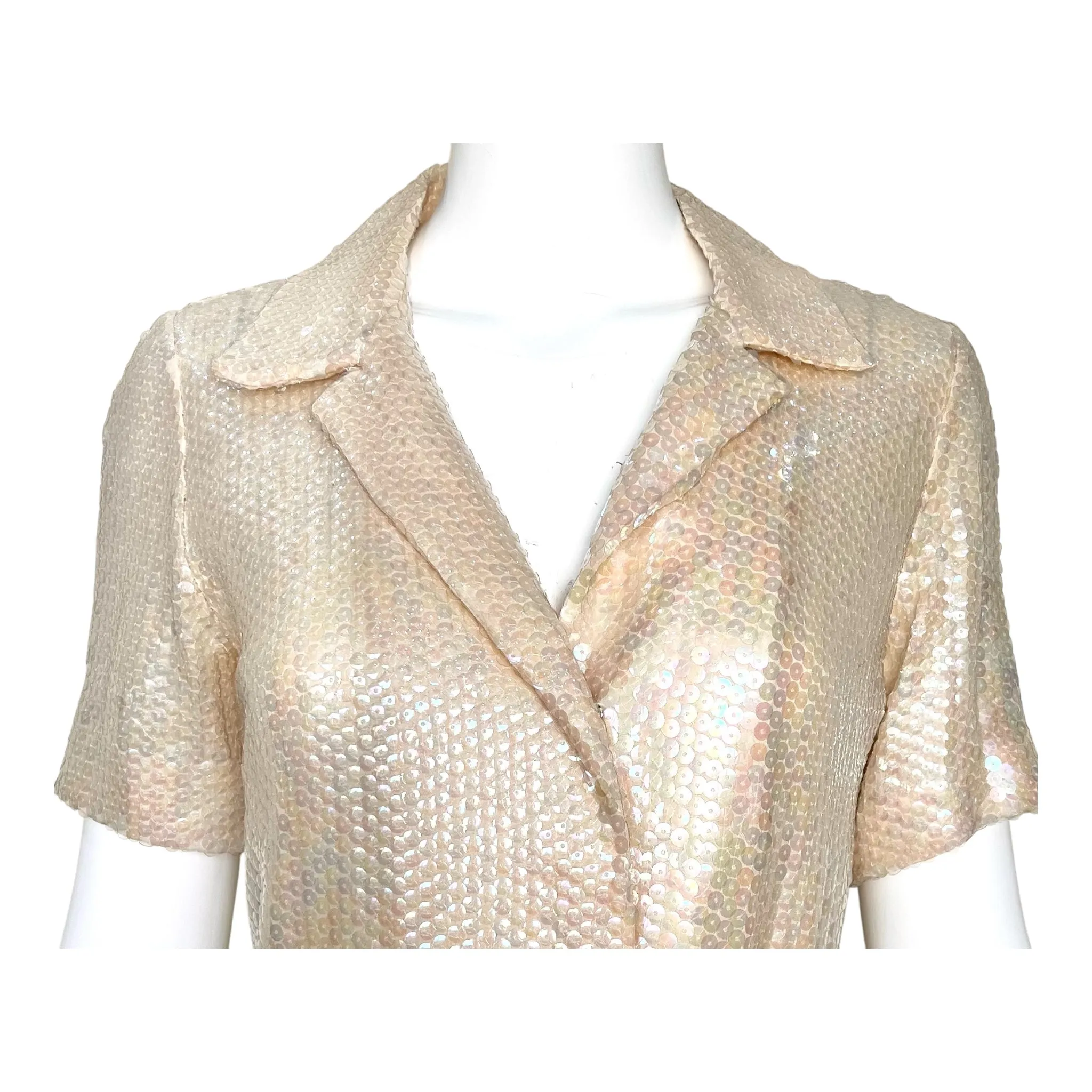 Halston 1974 Resort Cream Sequin Shirt Dress w/ Tie Belt
