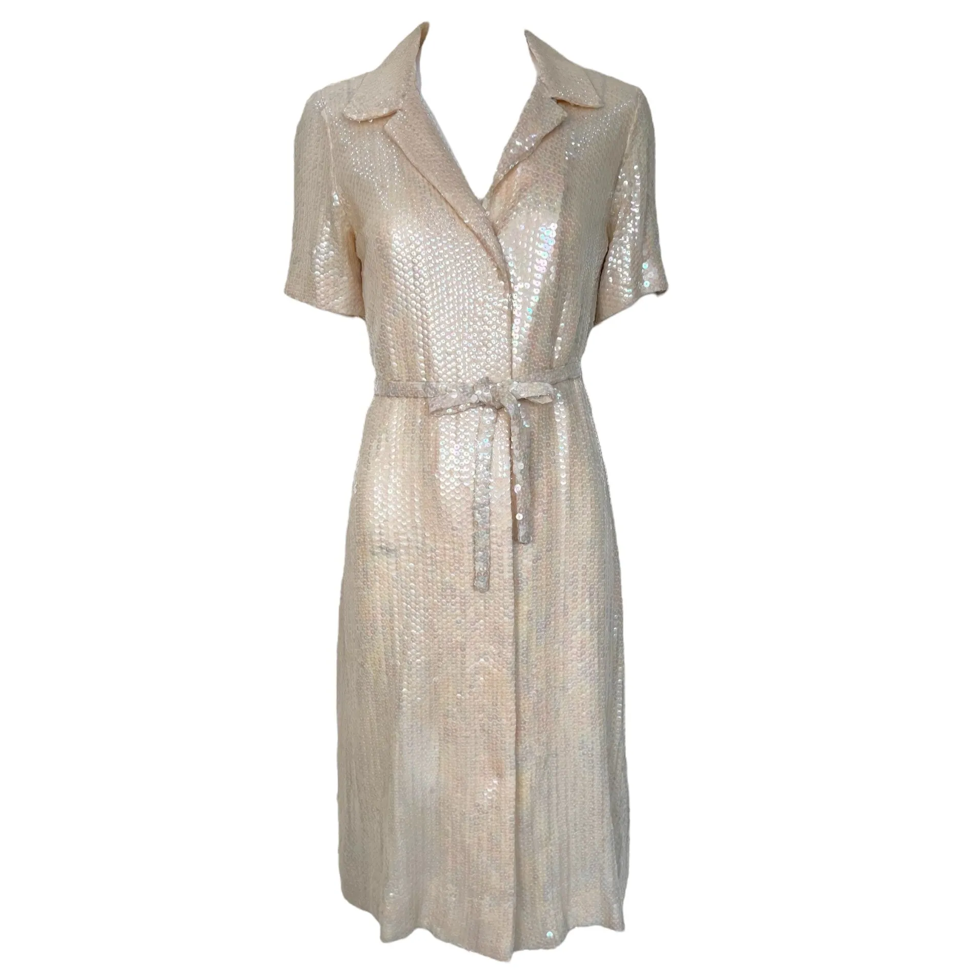 Halston 1974 Resort Cream Sequin Shirt Dress w/ Tie Belt