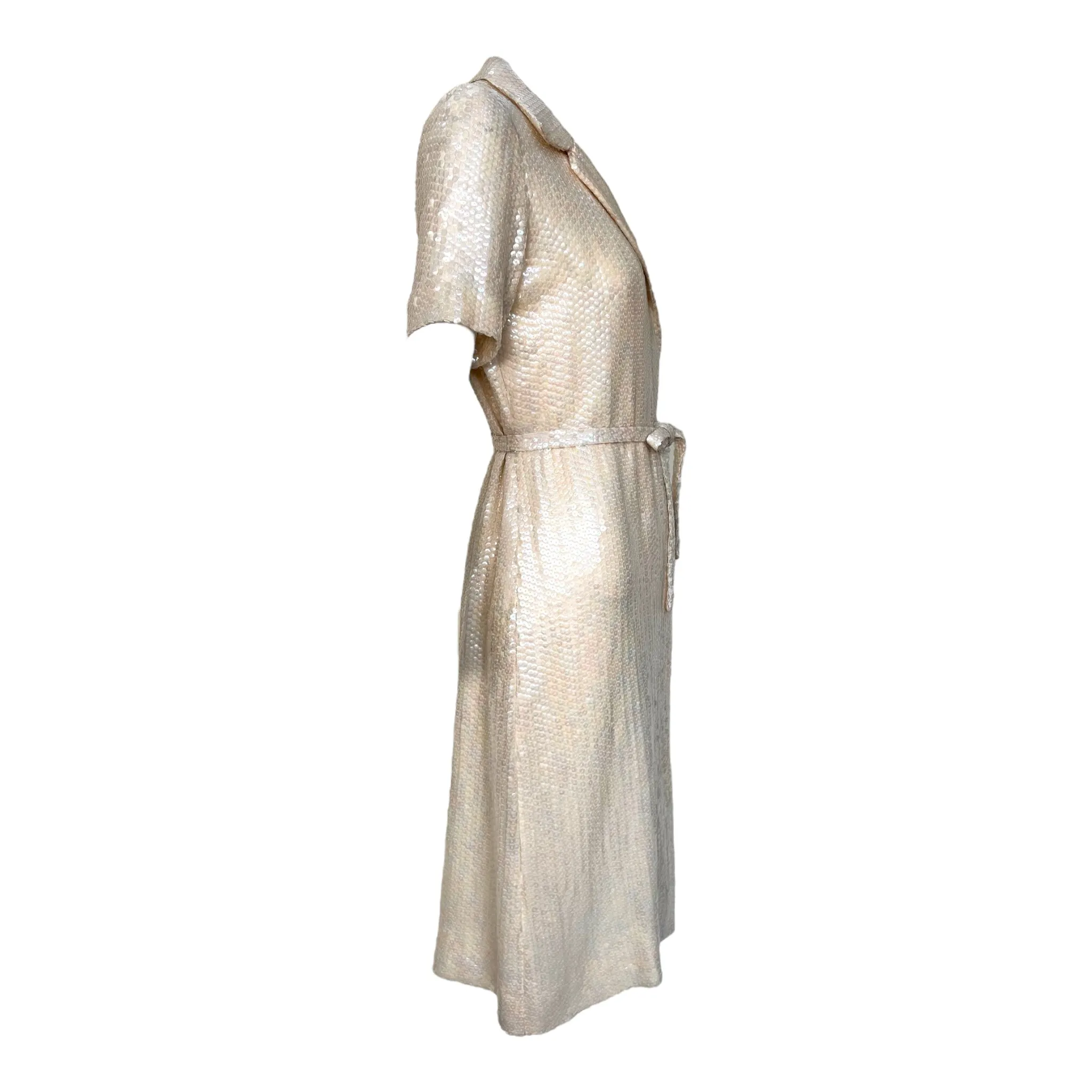 Halston 1974 Resort Cream Sequin Shirt Dress w/ Tie Belt