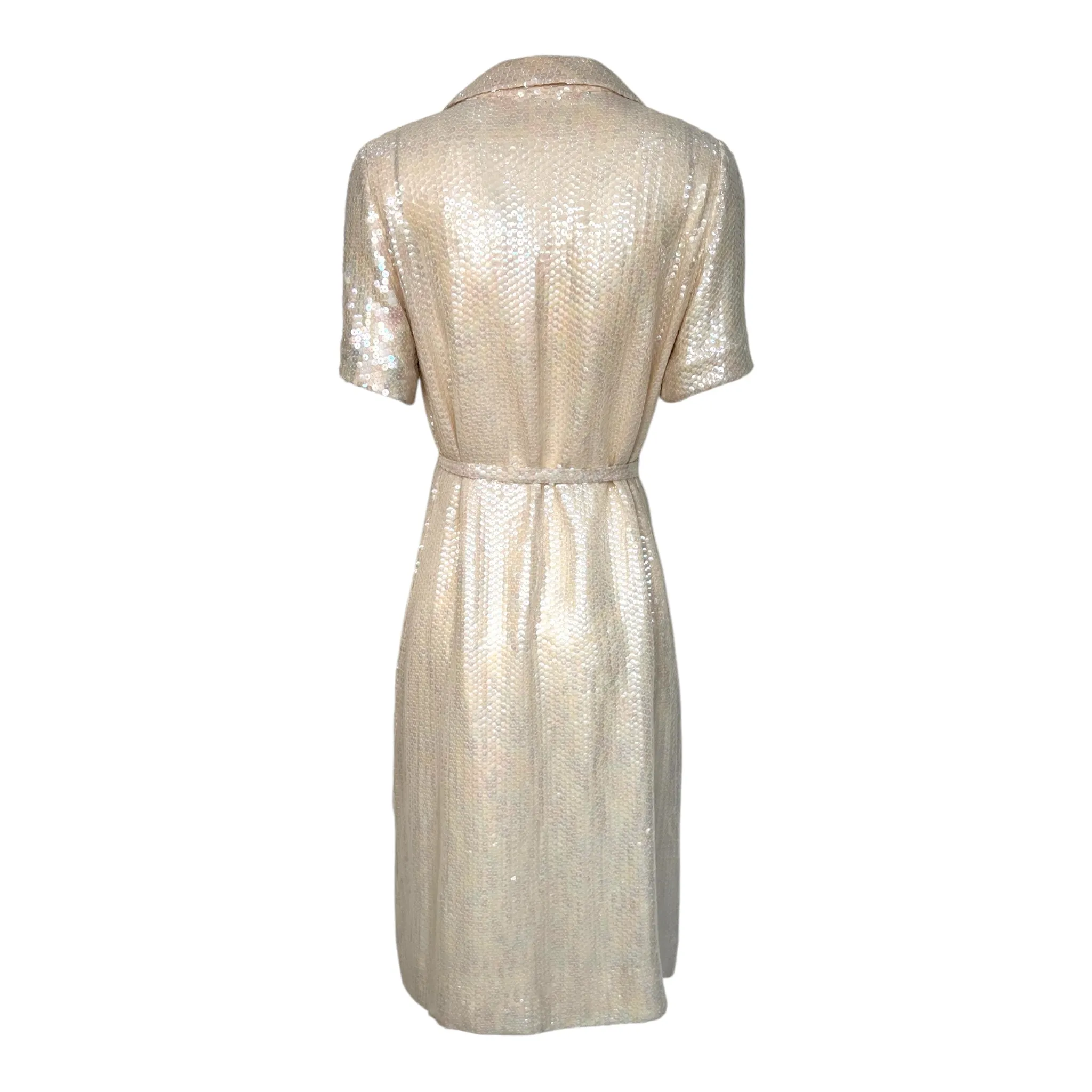 Halston 1974 Resort Cream Sequin Shirt Dress w/ Tie Belt
