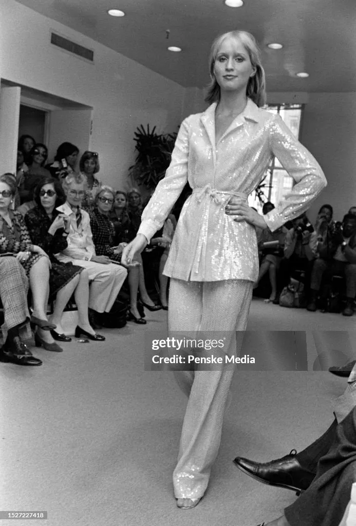 Halston 1974 Resort Cream Sequin Shirt Dress w/ Tie Belt