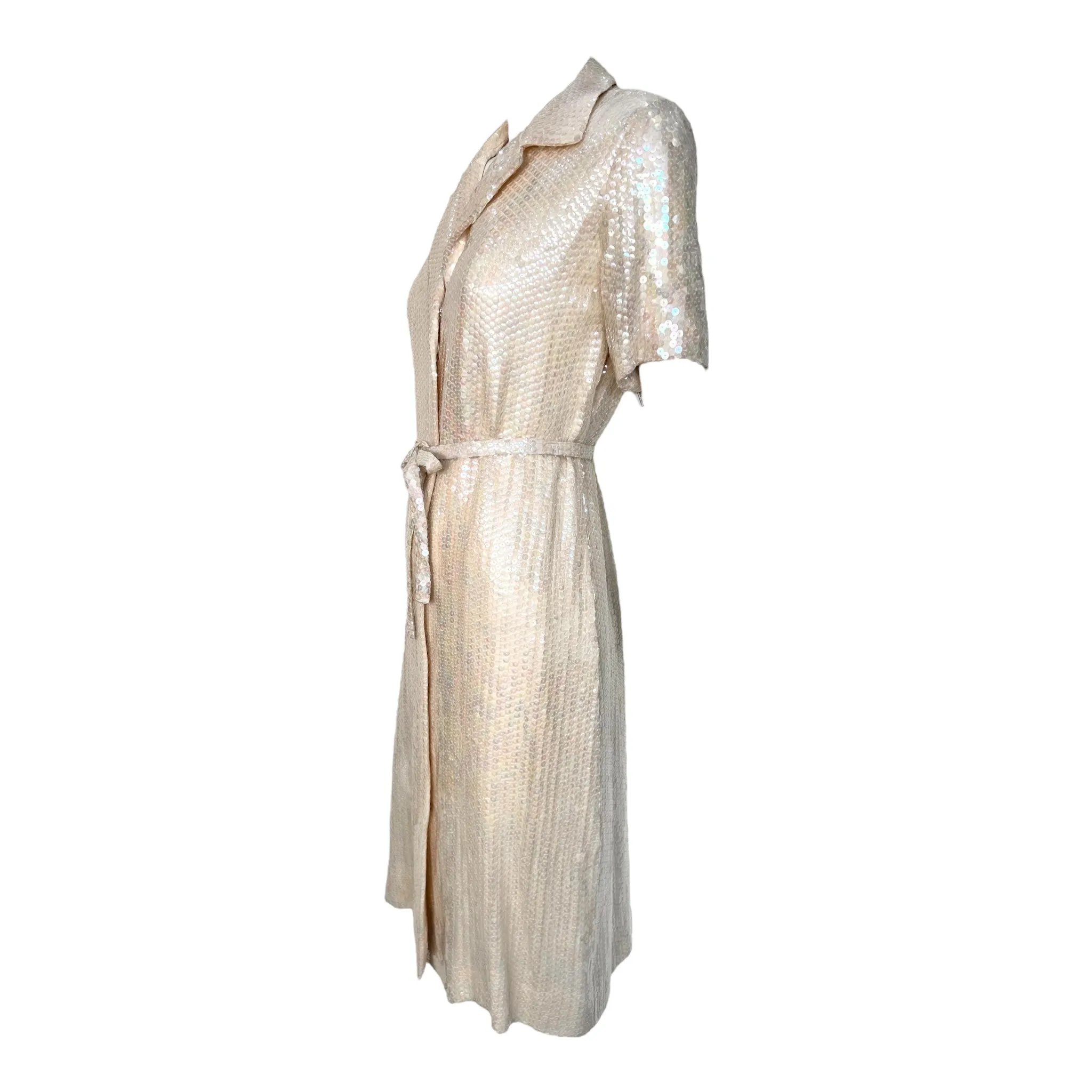 Halston 1974 Resort Cream Sequin Shirt Dress w/ Tie Belt