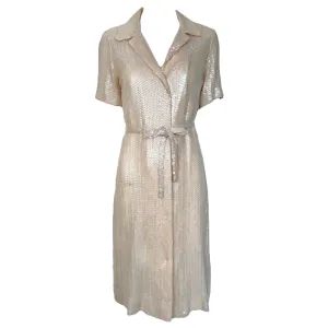 Halston 1974 Resort Cream Sequin Shirt Dress w/ Tie Belt