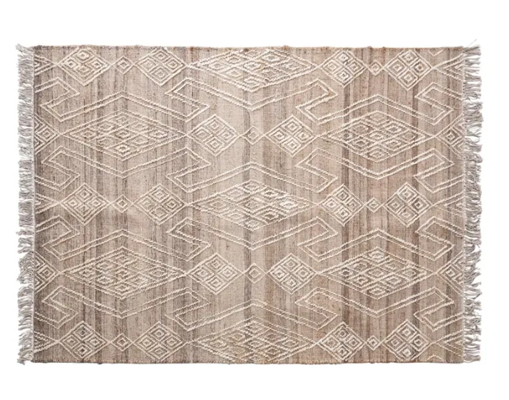 Hand-Woven Jute and Wool Blend Rug with Pattern and Fringe
