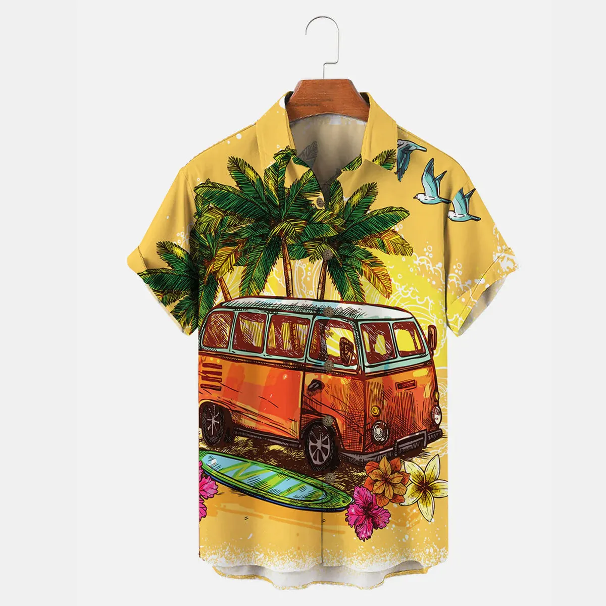 Hawaii Vacation Retro Car Print Men's Short Sleeve Shirt