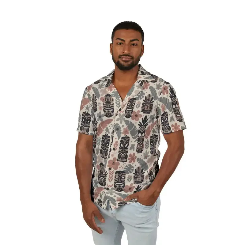Hawaiian Camp Shirt with Vibrant Tiki Patterns