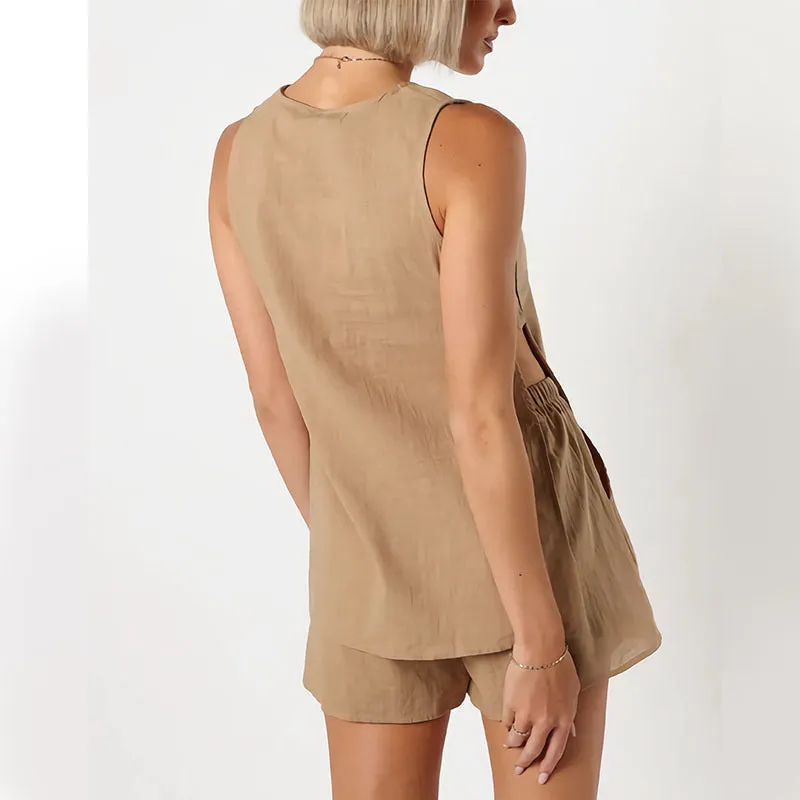 IKEARLAX NewTemu summer new cotton and linen sleeveless basic two-piece set 2025 2025 trade button simple shorts set