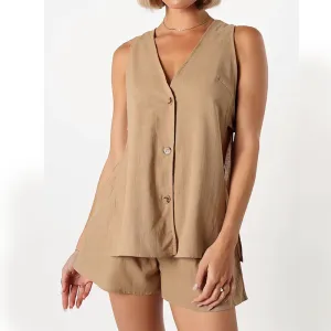 IKEARLAX NewTemu summer new cotton and linen sleeveless basic two-piece set 2025 2025 trade button simple shorts set