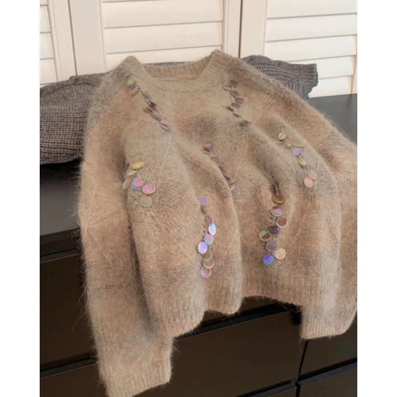 INSTOCK-Maillard sequined round neck pullover sweater