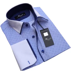 Light Blue Design Mens Slim Fit French Cuff Shirts with Cufflink Holes - Casual and Formal