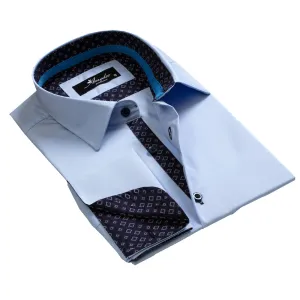 Light Blue with Navy Blue Mens Slim Fit French Cuff Dress Shirts with Cufflink Holes - Casual and Formal