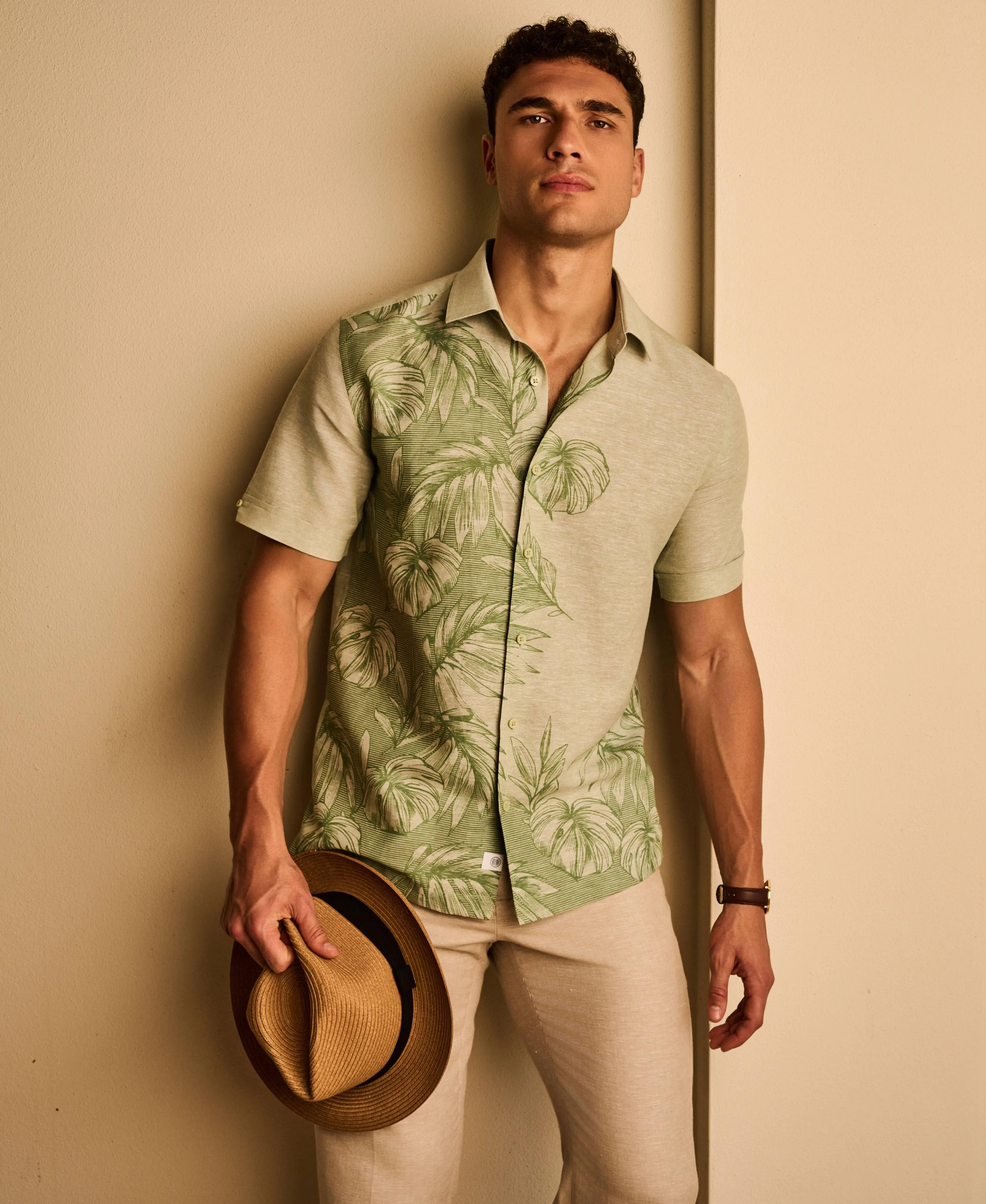 Linen Blend Engineered Tropical Print Shirt