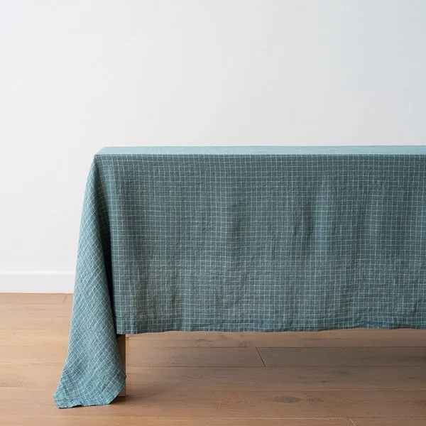 Linen Tablecloth | 67"x98" | Arctic Blue, White Window Pane