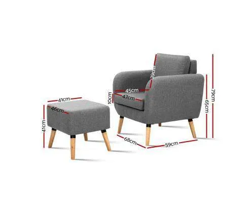 Lounge Chair Armchair with Ottoman Tub Accent Sofa Linen Fabric Grey