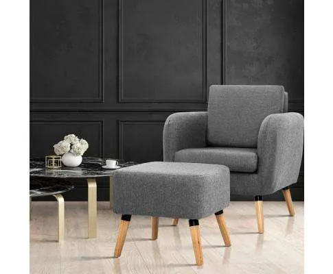 Lounge Chair Armchair with Ottoman Tub Accent Sofa Linen Fabric Grey