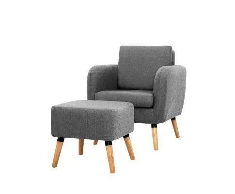 Lounge Chair Armchair with Ottoman Tub Accent Sofa Linen Fabric Grey