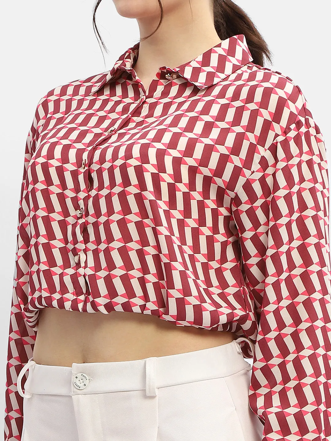 Madame Geometric Print Maroon Crop Shirt