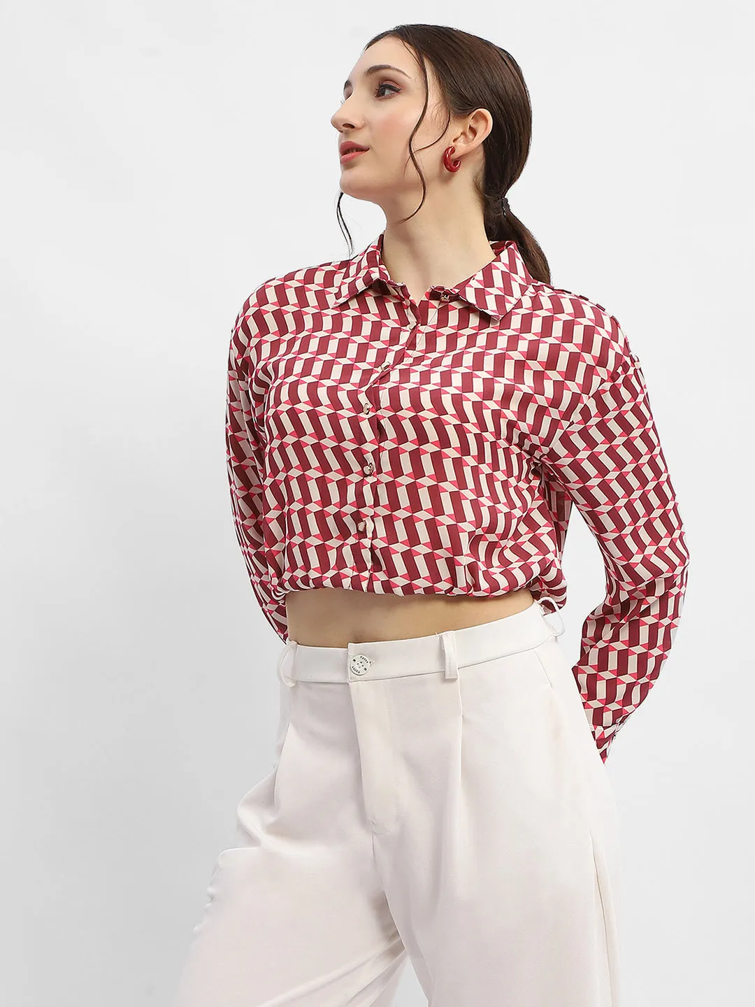 Madame Geometric Print Maroon Crop Shirt