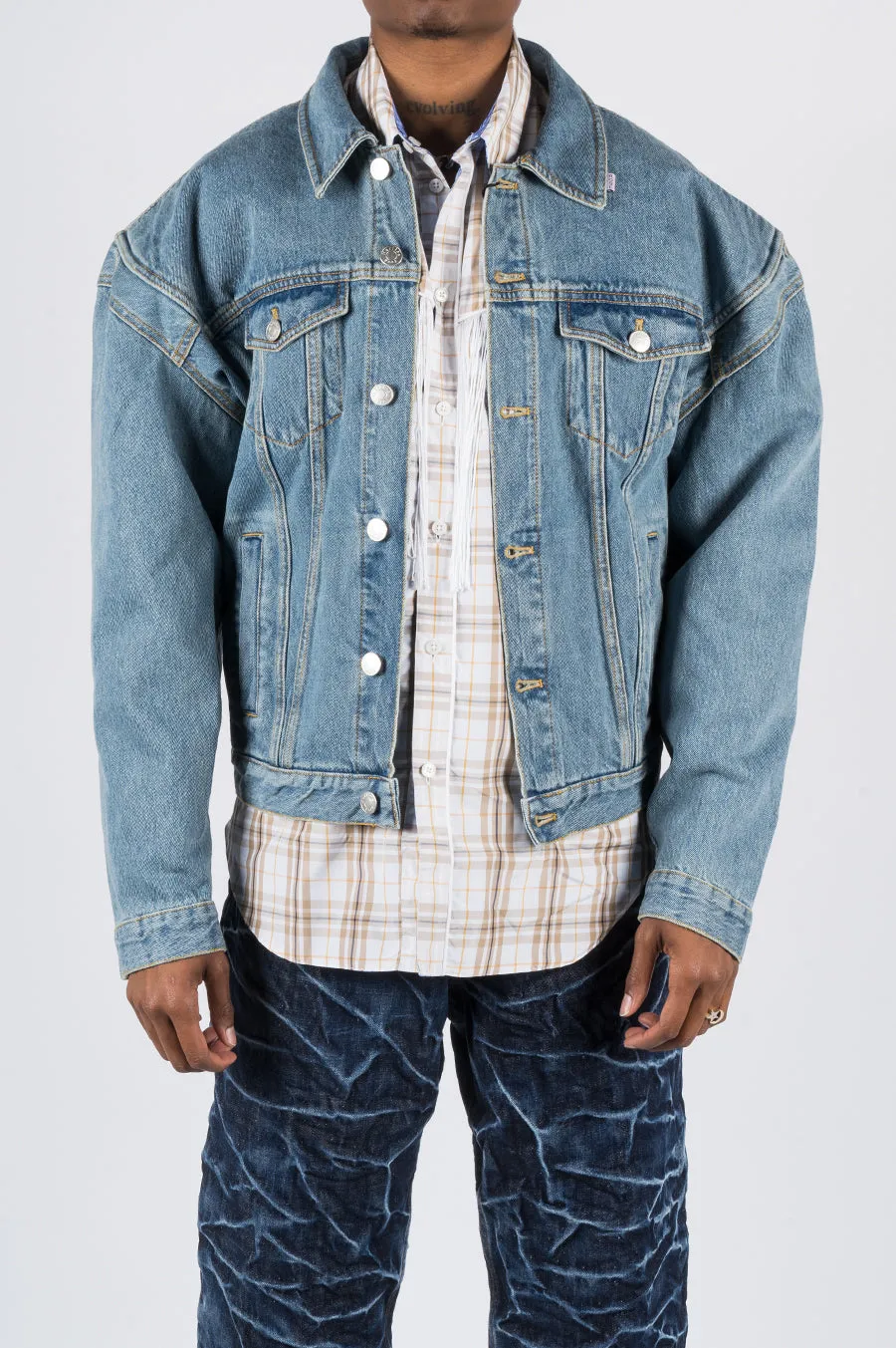 MARTINE ROSE DENIM JACKET W WIDE SHOULDERS LIGHT BLUE