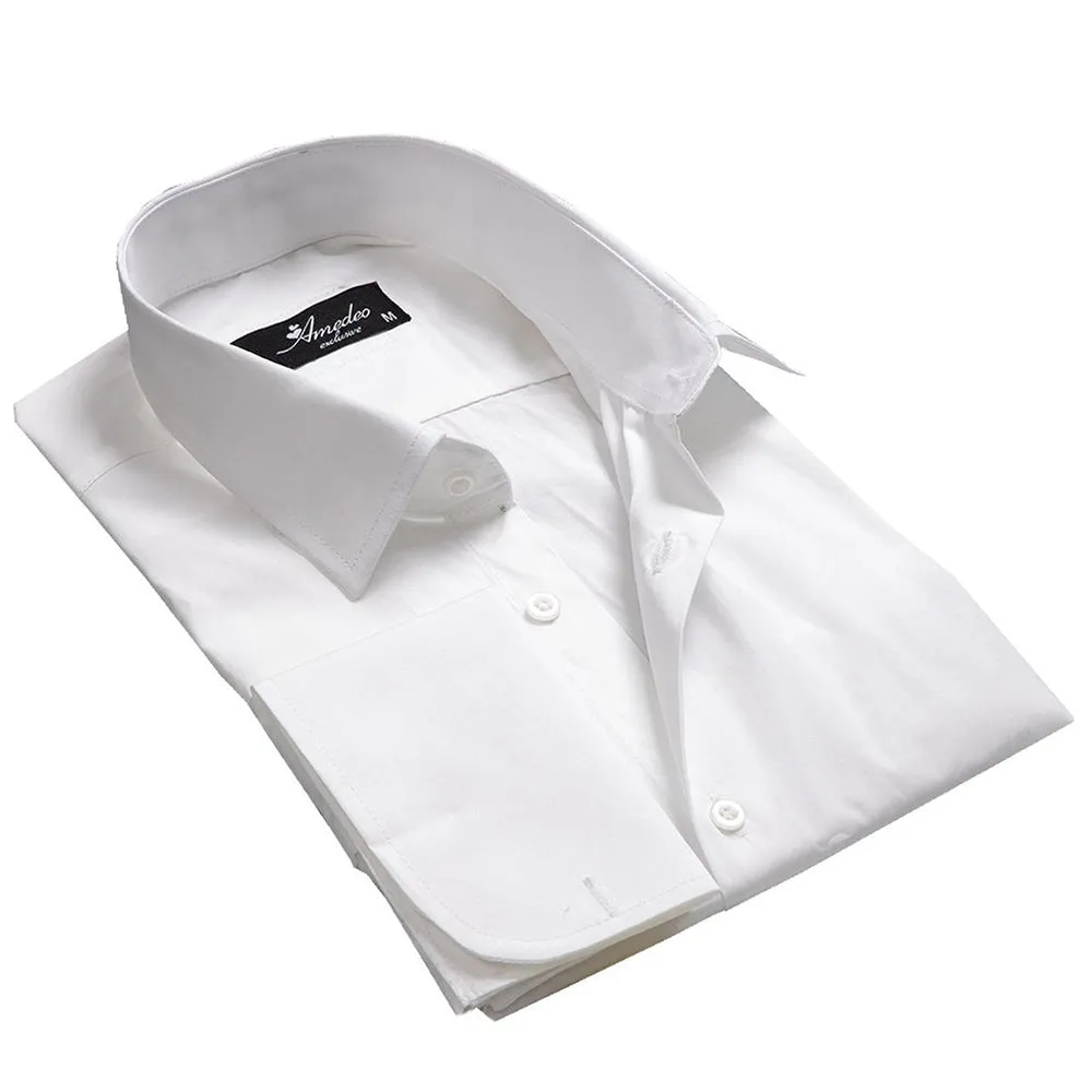 Medium Solid White Mens Slim Fit French Cuff Shirts with Cufflink Holes - Casual and Formal
